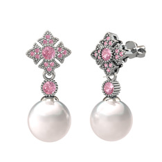 Inci ve pembe kuvars 8 ayar beyaz altın küpe