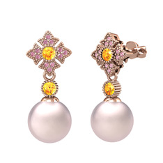 Teimei İnci Küpe - Pembe inci, sitrin ve pembe kuvars 8 ayar rose altın küpe #9mlv54