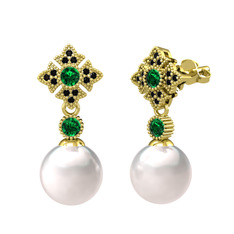 Inci, yeşil kuvars ve siyah zirkon 14 ayar altın küpe