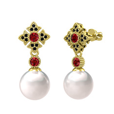 Inci, garnet ve siyah zirkon 14 ayar altın küpe