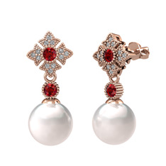 Inci, garnet ve swarovski 14 ayar rose altın küpe