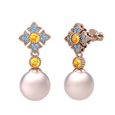 Teimei İnci Küpe - Pembe inci, sitrin ve akuamarin 8 ayar rose altın küpe #al0rld