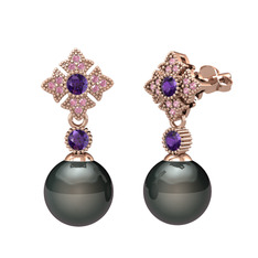 Teimei İnci Küpe - Siyah inci, ametist ve pembe kuvars 18 ayar rose altın küpe #ap8azh