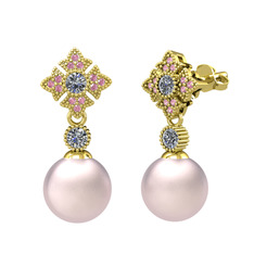 Pembe inci, pırlanta ve pembe kuvars 14 ayar altın küpe (0.44 karat)