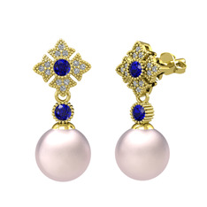 Pembe inci, lab safir ve swarovski 14 ayar altın küpe