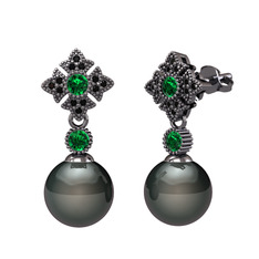 Teimei İnci Küpe - Siyah inci, yeşil kuvars ve siyah zirkon 925 ayar siyah rodyum kaplama gümüş küpe #bd39yb