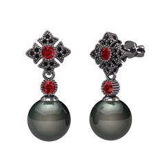 Teimei İnci Küpe - Siyah inci, garnet ve siyah zirkon 925 ayar siyah rodyum kaplama gümüş küpe #bg3ada