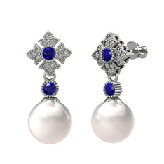 Inci, lab safir ve swarovski 8 ayar beyaz altın küpe
