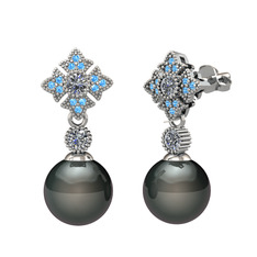 Teimei İnci Küpe - Siyah inci, pırlanta ve akuamarin 8 ayar beyaz altın küpe (0.44 karat) #bi6g9s