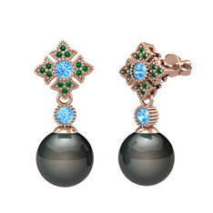 Teimei İnci Küpe - Siyah inci, akuamarin ve yeşil kuvars 8 ayar rose altın küpe #bmzn3w