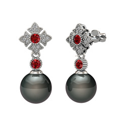 Siyah inci, garnet ve swarovski 8 ayar beyaz altın küpe