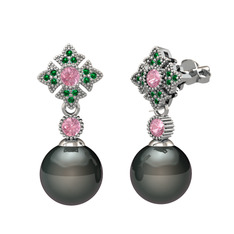 Siyah inci, pembe kuvars ve yeşil kuvars 8 ayar beyaz altın küpe