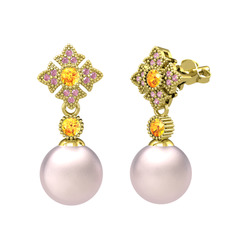 Teimei İnci Küpe - Pembe inci, sitrin ve pembe kuvars 18 ayar altın küpe #bxq4lf