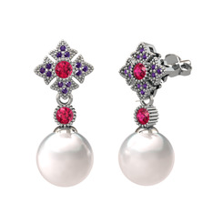 Teimei İnci Küpe - Inci, rodolit garnet ve ametist 18 ayar beyaz altın küpe #bzgxqb