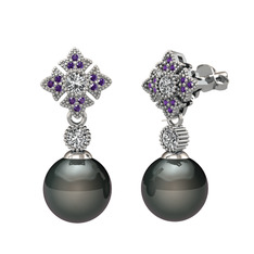 Teimei İnci Küpe - Siyah inci, beyaz zirkon ve ametist 18 ayar beyaz altın küpe #cn3q0u