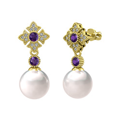 Teimei İnci Küpe - Inci, ametist ve swarovski 8 ayar altın küpe #cp31n