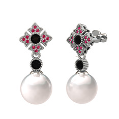 Teimei İnci Küpe - Inci, siyah zirkon ve rodolit garnet 8 ayar beyaz altın küpe #cs98w