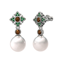 Inci, dumanlı kuvars ve yeşil kuvars 18 ayar beyaz altın küpe