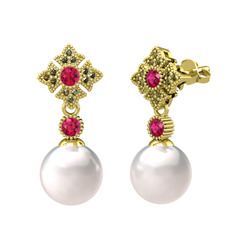 Teimei İnci Küpe - Inci, rodolit garnet ve peridot 18 ayar altın küpe #d01f3h
