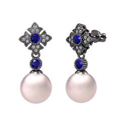 Teimei İnci Küpe - Pembe inci, lab safir ve swarovski 925 ayar siyah rodyum kaplama gümüş küpe #d5jbkf
