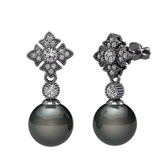 Teimei İnci Küpe - Siyah inci ve beyaz zirkon 925 ayar siyah rodyum kaplama gümüş küpe #dx1jqt