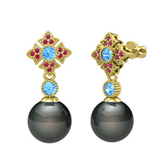Teimei İnci Küpe - Siyah inci, akuamarin ve rodolit garnet 14 ayar altın küpe #e4se6t