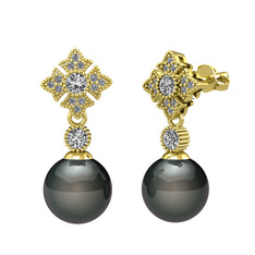 Teimei İnci Küpe - Siyah inci, swarovski ve pırlanta 8 ayar altın küpe (0.2112 karat) #e66e29