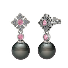 Teimei İnci Küpe - Siyah inci, pembe kuvars ve pırlanta 14 ayar beyaz altın küpe (0.2112 karat) #e6jd8h