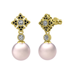 Pembe inci, swarovski ve siyah zirkon 8 ayar altın küpe