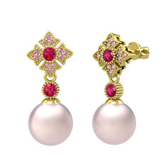 Teimei İnci Küpe - Pembe inci, rodolit garnet ve pembe kuvars 925 ayar altın kaplama gümüş küpe #edlyv5