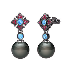 Teimei İnci Küpe - Siyah inci, akuamarin ve rodolit garnet 925 ayar siyah rodyum kaplama gümüş küpe #euhqks