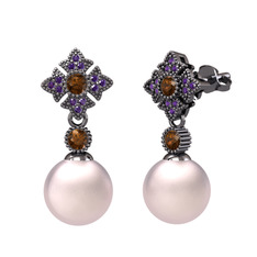 Teimei İnci Küpe - Pembe inci, dumanlı kuvars ve ametist 925 ayar siyah rodyum kaplama gümüş küpe #f8xb3l