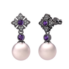 Teimei İnci Küpe - Pembe inci, ametist ve swarovski 925 ayar siyah rodyum kaplama gümüş küpe #f9pt1y