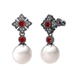 Teimei İnci Küpe - Inci, garnet ve beyaz zirkon 925 ayar siyah rodyum kaplama gümüş küpe #gckkup