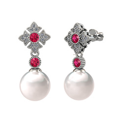 Teimei İnci Küpe - Inci, rodolit garnet ve pırlanta 14 ayar beyaz altın küpe (0.2112 karat) #gey4u0