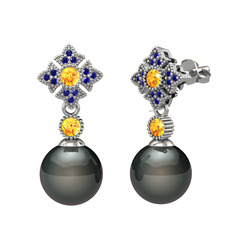 Teimei İnci Küpe - Siyah inci, sitrin ve lab safir 8 ayar beyaz altın küpe #hgkrwy