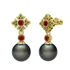 Teimei İnci Küpe - Siyah inci, garnet ve peridot 14 ayar altın küpe #hkheu6