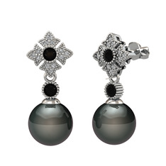 Teimei İnci Küpe - Siyah inci, siyah zirkon ve swarovski 14 ayar beyaz altın küpe #hmjt14