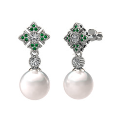 Inci, swarovski ve yeşil kuvars 18 ayar beyaz altın küpe