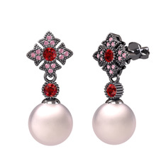 Pembe inci, garnet ve pembe kuvars 925 ayar siyah rodyum kaplama gümüş küpe