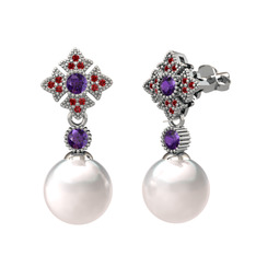 Teimei İnci Küpe - Inci, ametist ve garnet 8 ayar beyaz altın küpe #i4jhm7