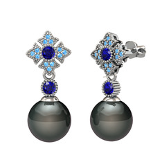 Teimei İnci Küpe - Siyah inci, lab safir ve akuamarin 8 ayar beyaz altın küpe #i8e2dq