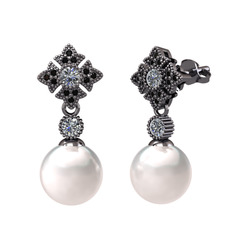 Teimei İnci Küpe - Inci, pırlanta ve siyah zirkon 925 ayar siyah rodyum kaplama gümüş küpe (0.44 karat) #ij8x6d