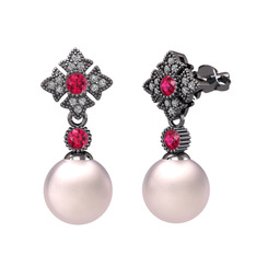 Teimei İnci Küpe - Pembe inci, rodolit garnet ve swarovski 925 ayar siyah rodyum kaplama gümüş küpe #imf06c