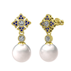 Inci, beyaz zirkon ve lab safir 925 ayar altın kaplama gümüş küpe