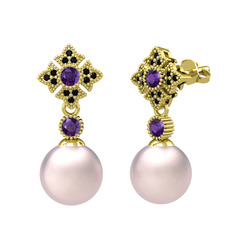 Teimei İnci Küpe - Pembe inci, ametist ve siyah zirkon 8 ayar altın küpe #ipq8bd