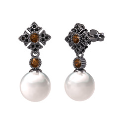 Teimei İnci Küpe - Inci, dumanlı kuvars ve siyah zirkon 925 ayar siyah rodyum kaplama gümüş küpe #iszoe6