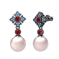 Teimei İnci Küpe - Pembe inci, garnet ve akuamarin 925 ayar siyah rodyum kaplama gümüş küpe #j42qp2