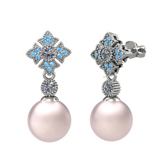 Teimei İnci Küpe - Pembe inci, pırlanta ve akuamarin 925 ayar gümüş küpe (0.44 karat) #j4uvez