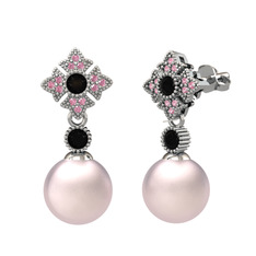 Teimei İnci Küpe - Pembe inci, siyah zirkon ve pembe kuvars 925 ayar gümüş küpe #j932oa